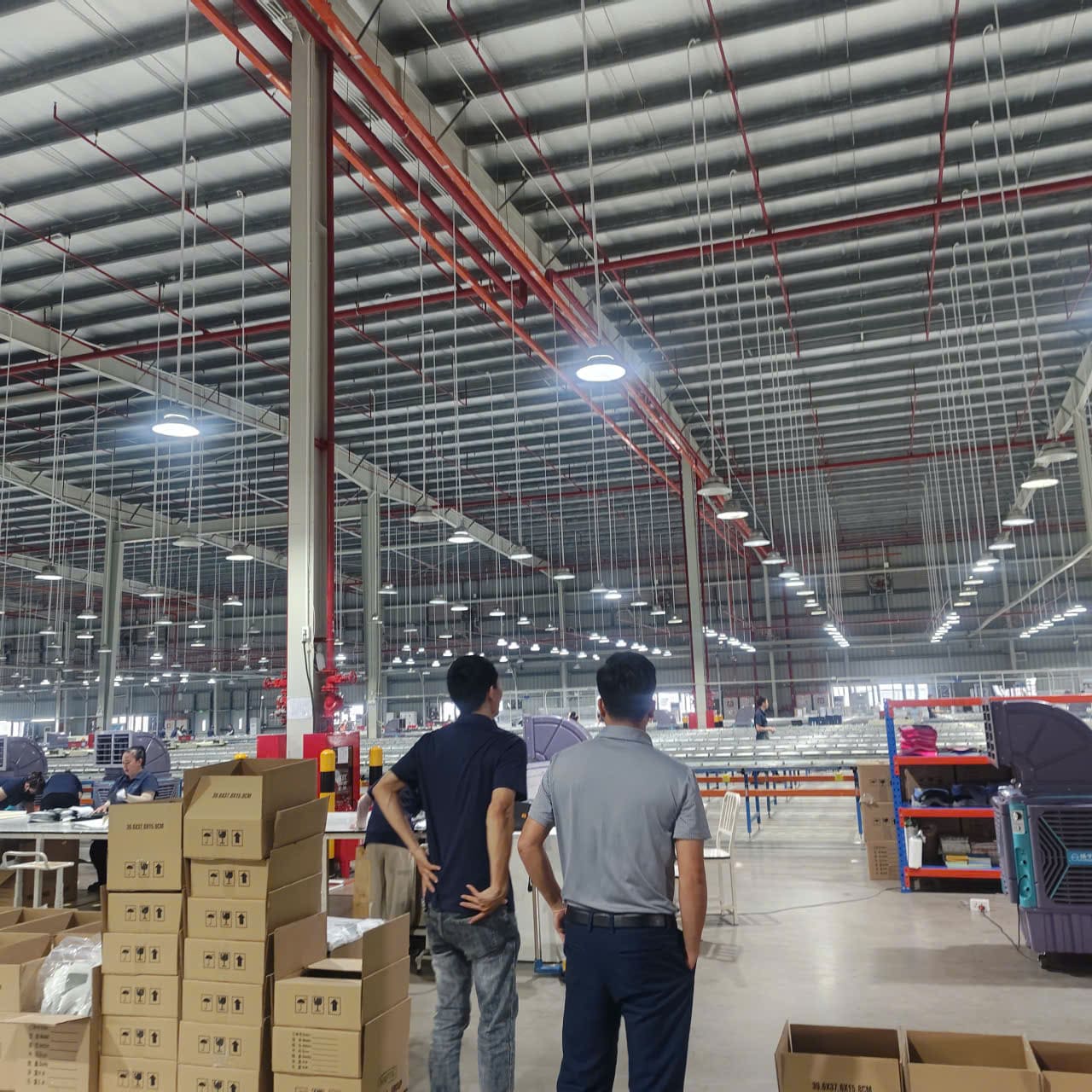 Khảo sát thực tế không gian sản xuất và hệ thống kỹ thuật phía trên nhà xưởng.